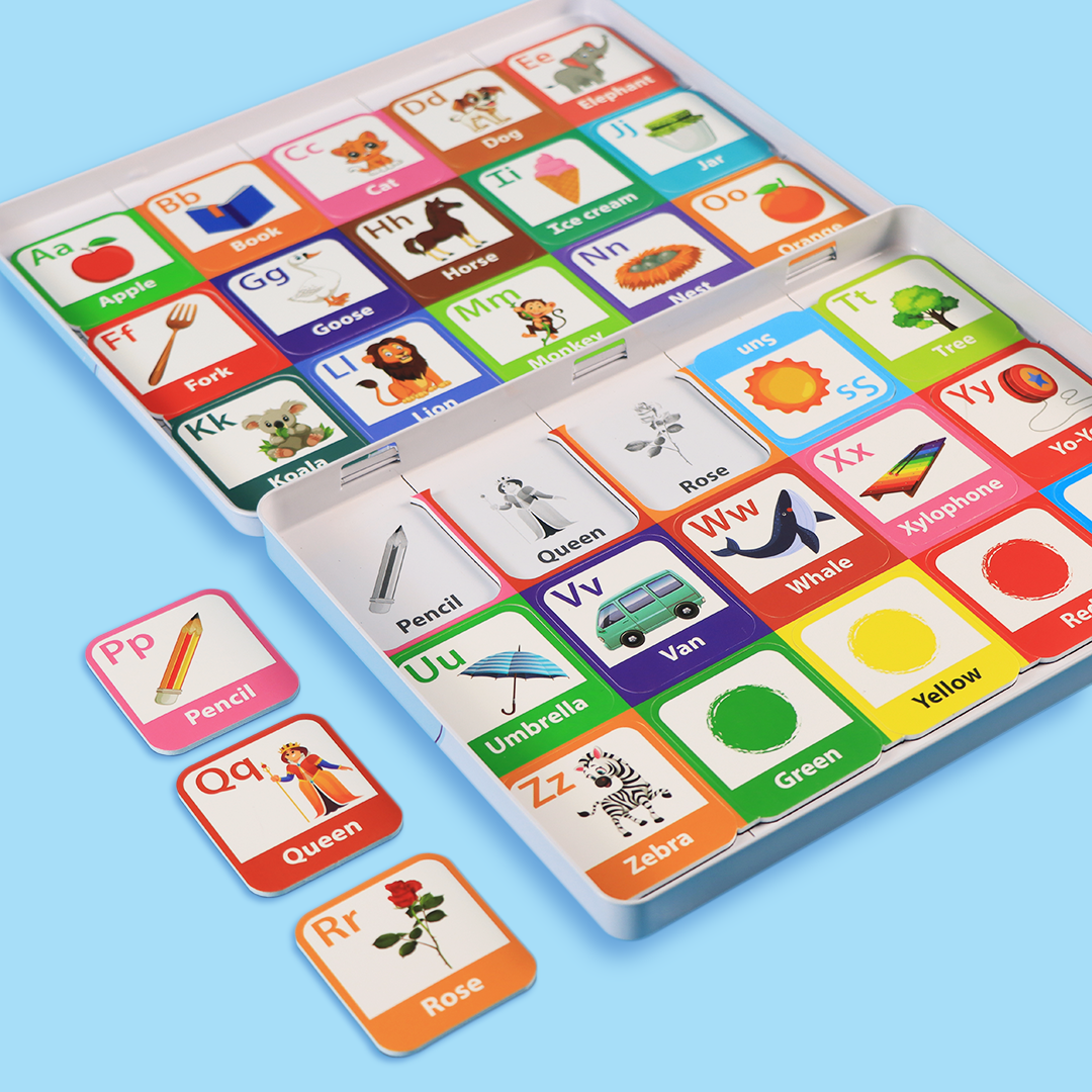 learning the alphabet using colorful magnetic pieces in a fun and engaging way