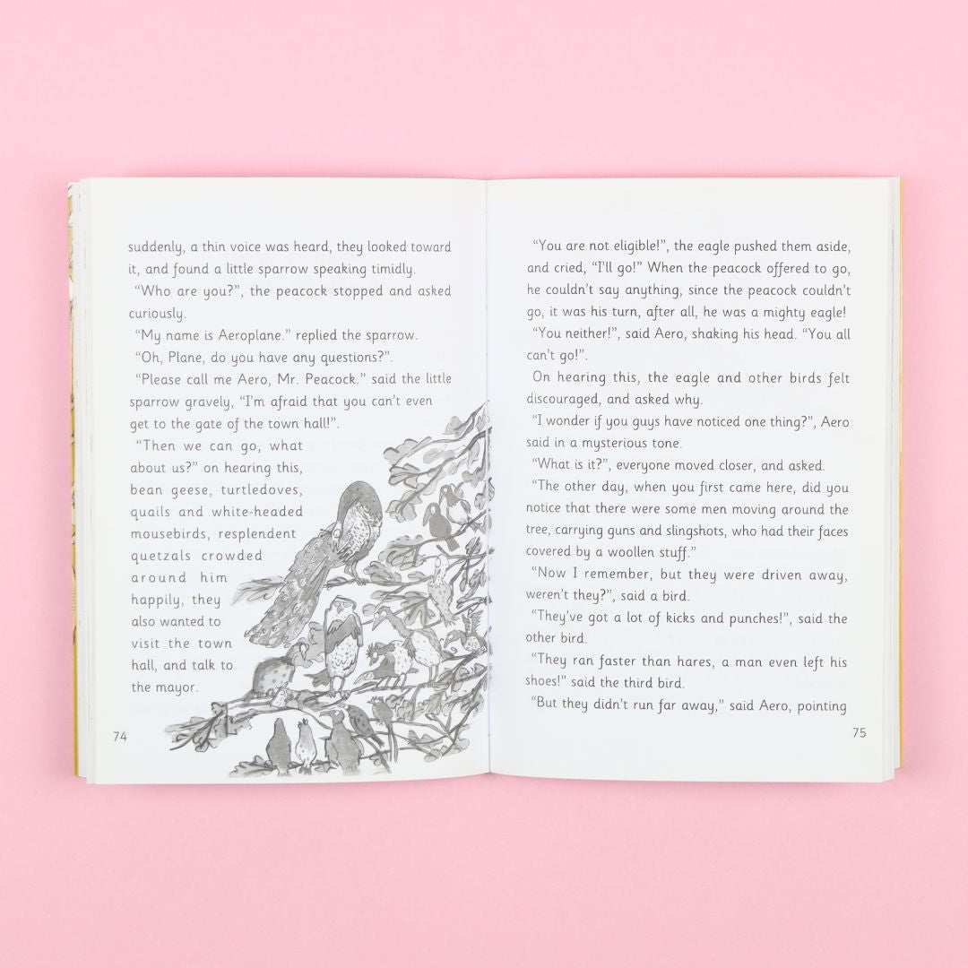 صفحات من كتاب الشجرة والدجاجة من سلسلة الشجرة الأب، رواية خيالية انجليزي للناشئة تنمّي الخيال والقيم الإنسانية